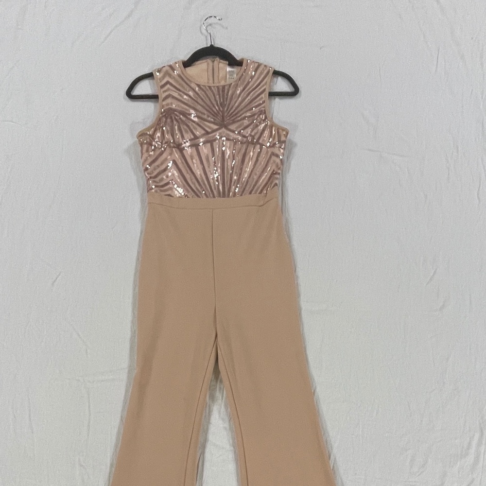 Beige sequin jumpsuit, Small, Cap sleeve, high neck, Flare legs, Windsor